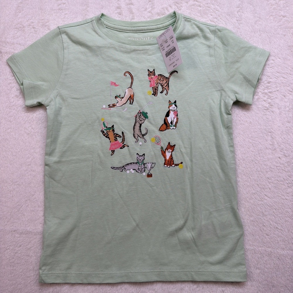 Crewcuts Girls T Shirt Cat Graphic Green Size 4 5 XS Cute Kitty Tee NWT‎